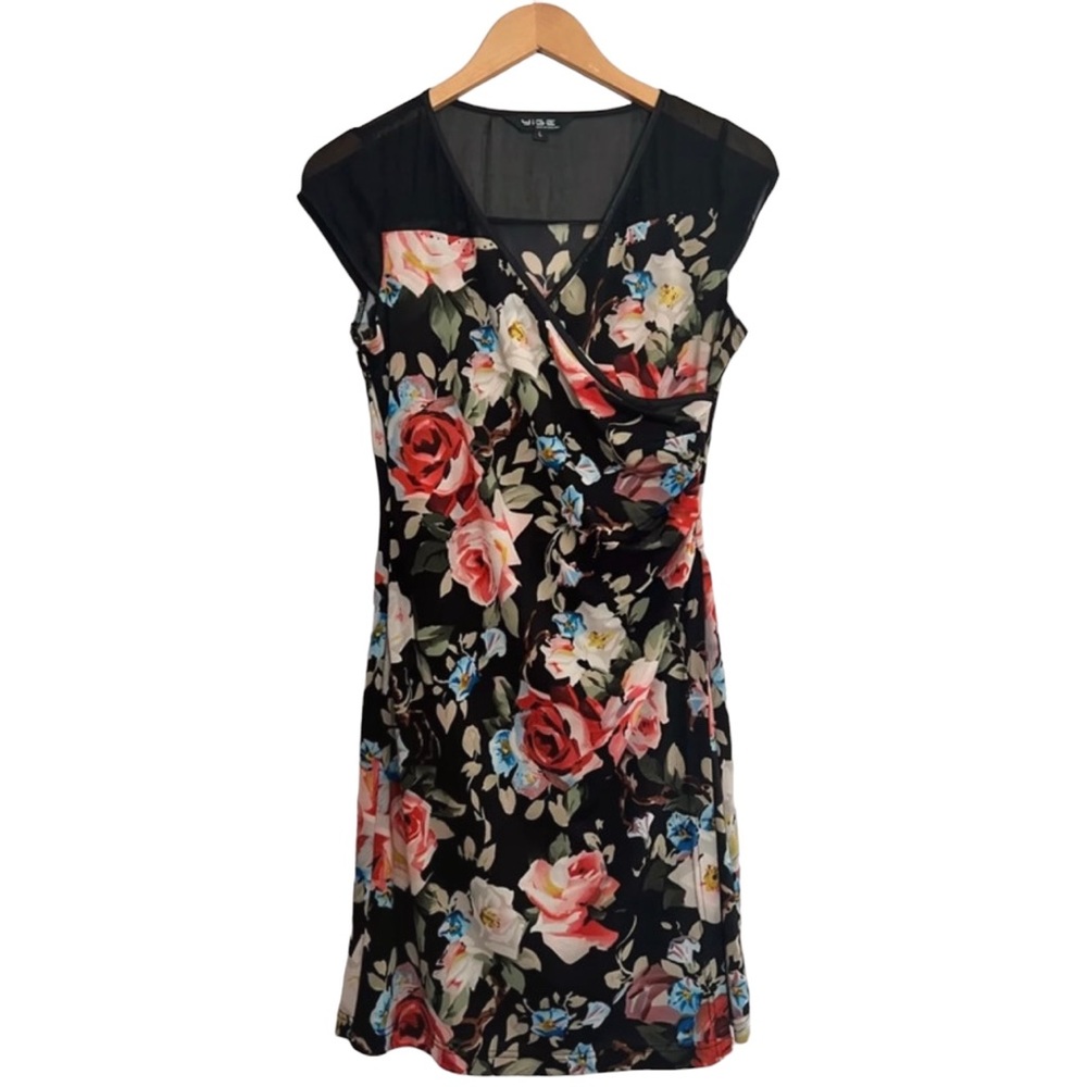 YIGE Black Floral Mesh Bedazzled Short Sleeve Dress Size L